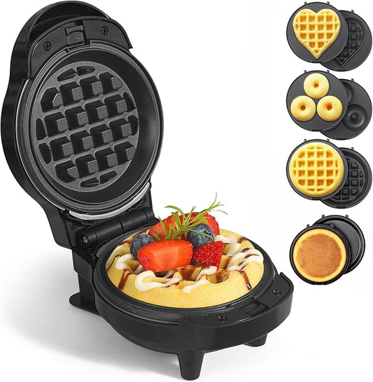 Mini Waffles Maker with 8 Removable Plates, 4 in 1 Small Waffle Maker Mini- Waffle, Heart Waffle, Pancake, Donut, 4.5" Non Stick Waffle Iron for Kids and Families, Black