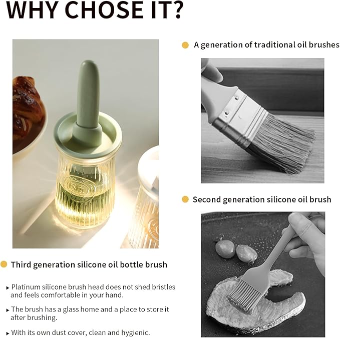 Oil Dispenser with Brush - Glass Olive Oil Dispenser for Kitchen, 3 IN 1 Oil Dispenser Bottle with Silicone Basting Brush for Cooking Vinegar Sauce BBQ Grill Frying (Brown/White)