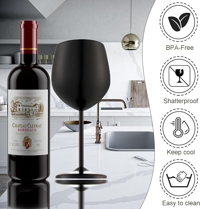 Stainless Steel Wine Glasses Set of 2, 18 oz Unbreakable Black Wine Glass Unique Metal Wine Goblets for Outdoor Capming and Pool Gift for Wine Lovers