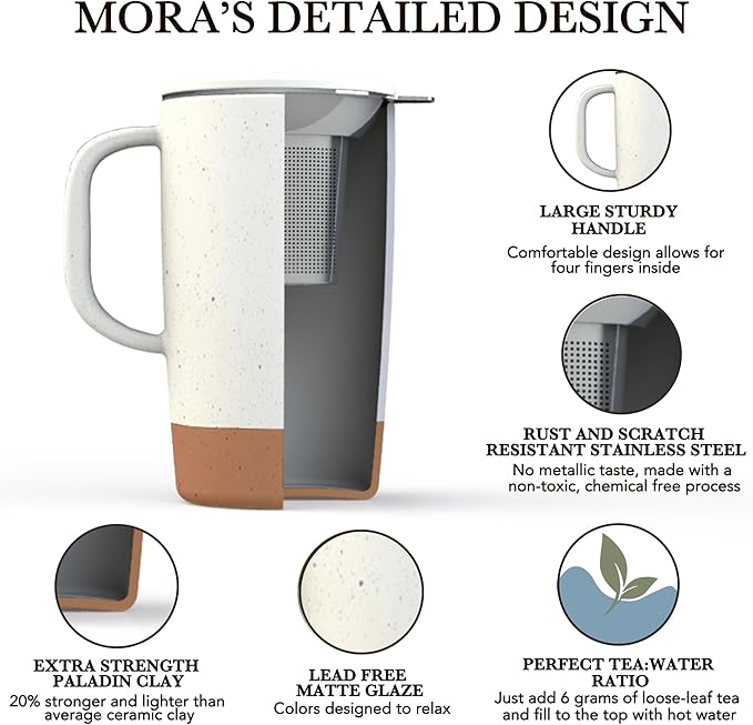 Mora Ceramics Large Tea Mug with Loose Leaf Infuser and Ceramic Lid, 18 oz, Portable, Microwave and Dishwasher Safe, Tall Coffee Cup - Rustic Matte Ceramic Glaze, Modern Herbal Tea Strainer, Cotton