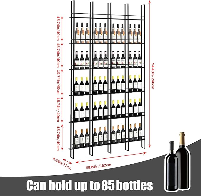 Wine Racks Wall Mounted, 6-Tier Wine Storage Holder, Black Industrial Bar Liquor Bottle Display Shelf, for Home Bar, Kitchen, Dining Rooms, & Wine Cellars (Black, 4 Column)
