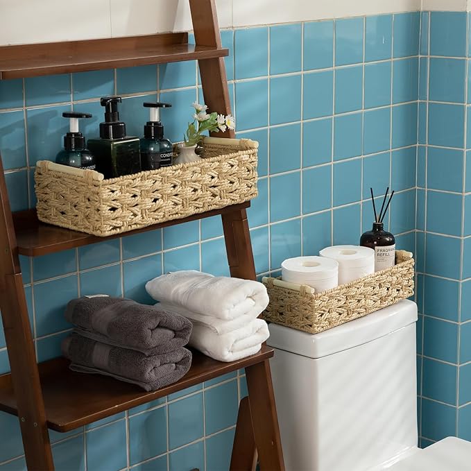 OIAHOMY Toilet Paper Baskets Handmade Paper Rope Decorative Wicker Storage Tank Shelf Cabinet Organizer for Bathroom Home, Set of 2, Yellow
