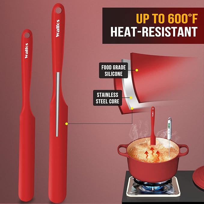 Walfos Silicone Jar Spatula - 600ºF Heat Resistant Kitchen Spatulas(2pcs), Strong Steel Core & One-Pieces Design,Mixing Batter & Cake Cream Spatulas, for Cooking & BPA Free & Dishwasher Safe, Red