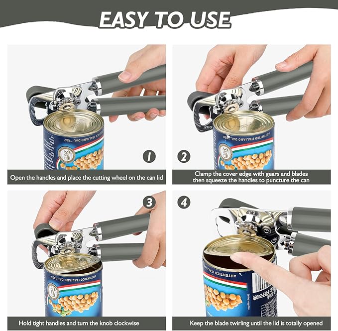 10 Colors Can Opener Manual Handheld Heavy Duty Hand Can Opener Smooth Edge Stainless Steel Can Openers Top Lid Kitchen Gadgets, Best Large Rated Easy Turn Knob, with Bottle Opener, Gray