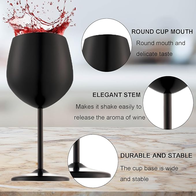 Stainless Steel Wine Glasses Set of 2, 18 oz Unbreakable Black Wine Glass Unique Metal Wine Goblets for Outdoor Capming and Pool Gift for Wine Lovers