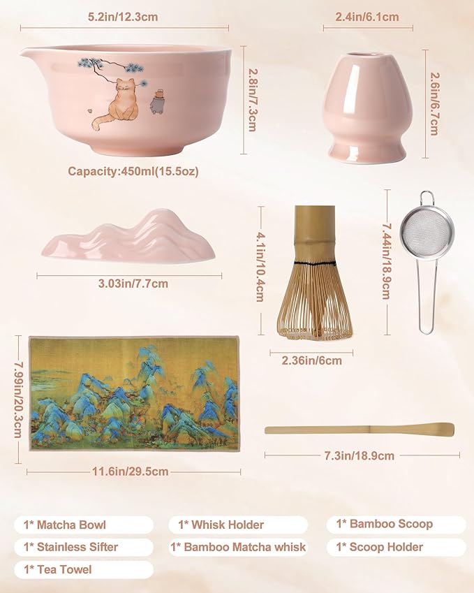 Matcha Whisk Set, Ceramic Matcha Set Includes Matcha Bowl, Matcha Whisk and Holder, Bamboo Scoop, Scoop Rest, Sifter and Tea Towel - 7 Pcs Matcha Kit(Pink)