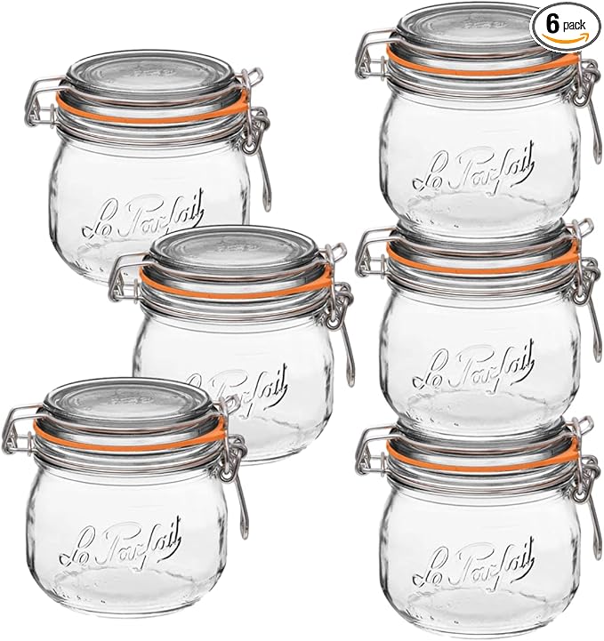 Le Parfait Super Jar, Canning Jars, 500mL French Glass Canning Jar w/Round Body, Glass Jars With Airtight Lid, Canning Jars Wide Mouth, Glass Jar w/Lid, Clear Jars, Clear Glass Jars (16oz/Pint, 6 pk)