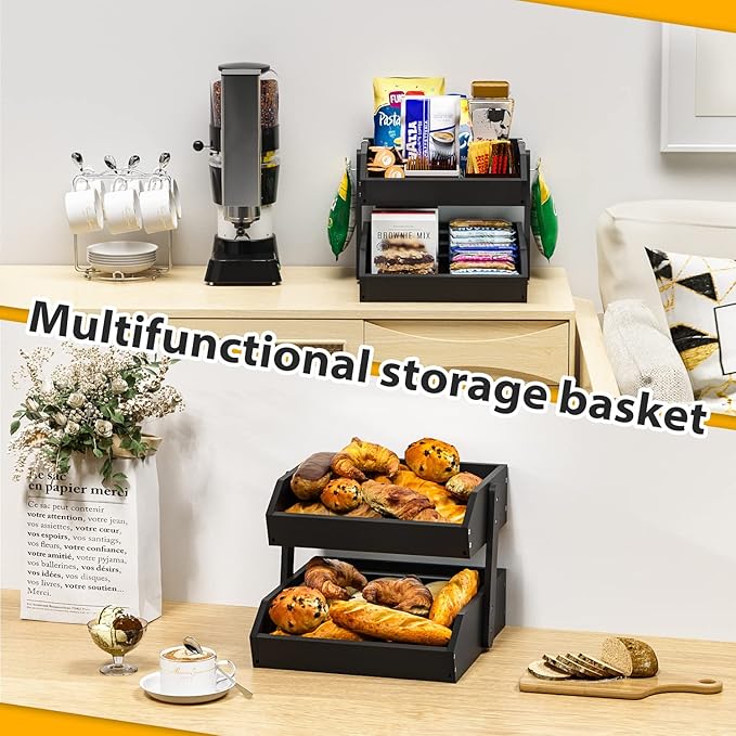 Bamboo Fruit Basket for Kitchen– 2 Tier Fruit Bowl For Kitchen Counter, Large Fruit Holder With 2 Banana Hangers, Idea For Fruit and Vegetable Storage, Bread Basket, Snack Organizer(BLACK)