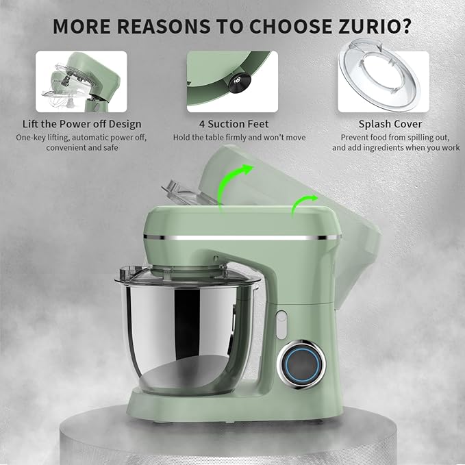 Stand Mixer, 5.5 Quart, 10 Speed Tilt-Head Food Mixer, Kitchen Electric Mixer with SS Bowl, Copper Motor, Beater, Dough Hook, SS Egg Whisk (450W Green)