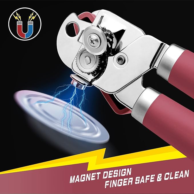 PrinChef Can Opener Manual, Can Tin Bottle Opener with Magnet - No-Trouble-Lid-Lift, Handheld Can Opener Smooth Edge with Sharp Blade, Heavy Duty and Easy to Use, for Seniors with Arthritis, Red