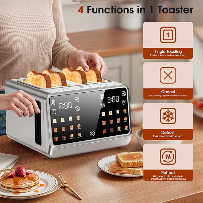 4 Slice Toaster– Dual Digital Smart TouchScreen & Independent Control Panel | Single-Slot Tech, Timer/Reheat/Defrost for Bagels, Bread | 1800W Stainless Steel, 6 Toast Types & Shade Settings