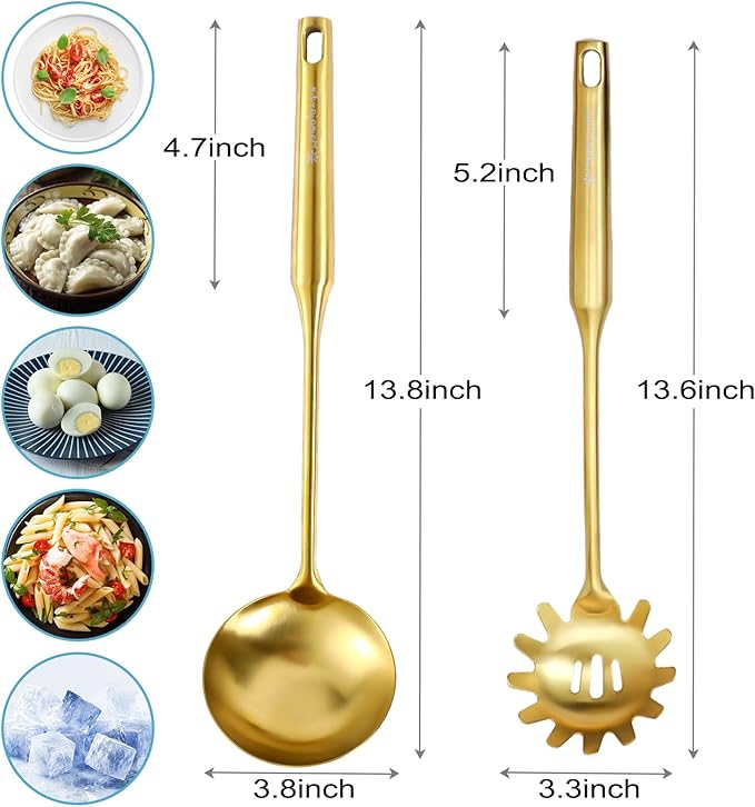 Gold Soup Ladle - 18/10 Stainless Steel Ladle Spoon, 13.8" Soup Spoons [Integral Forming, Heat Resistance，Vacuum Handle] Kitchen Metal Ladel for Cooking, Serving, Stirring, Canning，Sauce, Wok & Soup