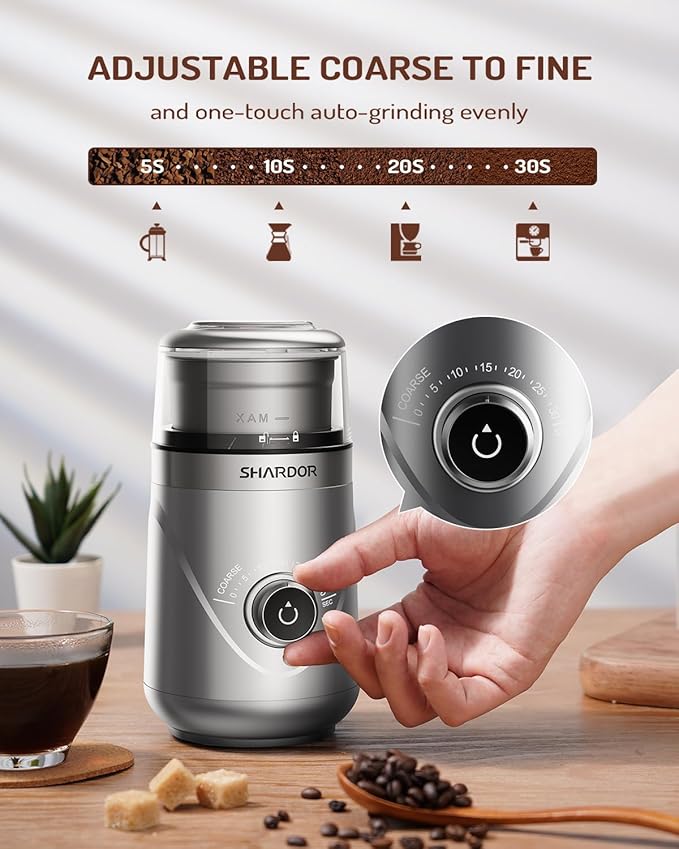 SHARDOR Adjustable Coffee Grinder Electric, Herb, Spice, Coffee Bean, Espresso Grinder with 1 Removable Stainless Steel Bowl, Silver,Updated,Version 2.0