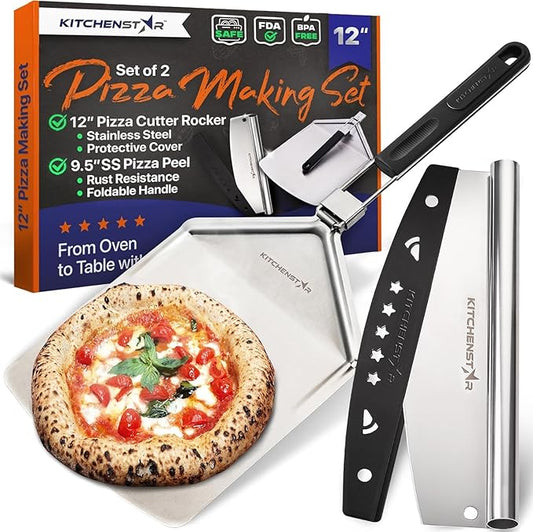 12" Pizza Making Kit (Set of 2) - 12" Pizza Cutter Rocker Knife with Blade Cover + 9.5" Stainless Steel Pizza Peel with Folding Handle- Ultimate Pizza Oven Accessories