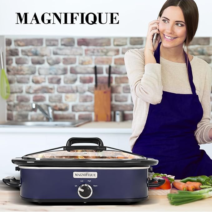 Magnifique 4-Quart Slow Cooker with Casserole Manual Warm Setting - Perfect Kitchen Small Appliance for Family Dinners, Dishwasher Safe Crock, Blue