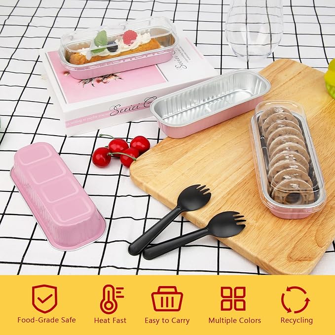 LNYZQUS 6.8oz Mini Loaf Pans with Lids 100 Pack, Rectangle Aluminum Pans Mini Cake Tins,Disposable Baking Pan Small Cake Containers for Brownie Bread Cheesecake-Pink