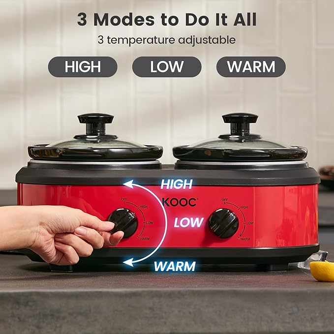 KOOC Double Small Slow Cooker, Buffet Server and Warmer, 2 Mini Pots with 3 Individual Adjustable Temp, Dual Ceramic Pots, Free Liners for Easy Clean-up, Stainless Steel, Total 2.5 Quart, Red, Round