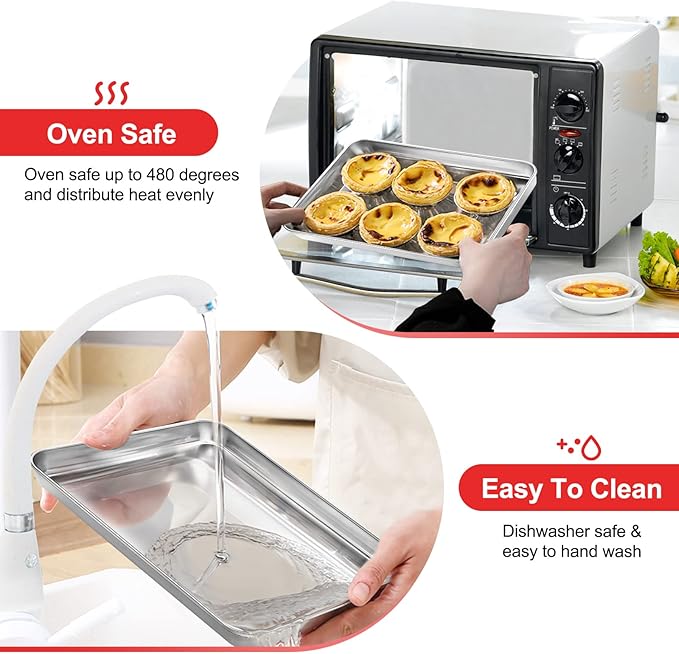 Baking Sheets for Oven, Stainless Steel Cookie Sheet Baking Pan Toaster Oven Tray 10 x 8 x 1 Inch, Easy Clean & Non-stick & Dishwasher Safe