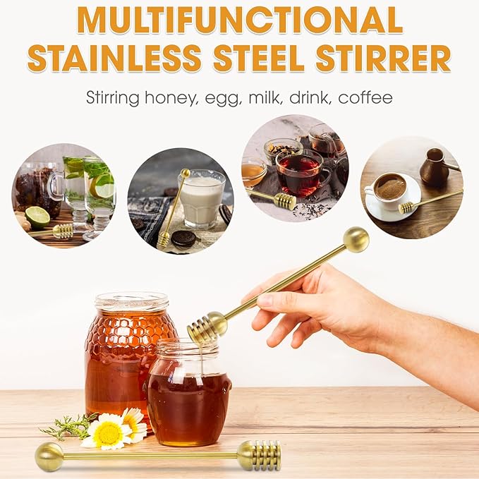 DUGATO Gold Honey Dipper Set (2 Pack, 6.3") - 304 Stainless Steel Honeycomb Sticks for Honey Pot Jar, Syrup Drizzler, Tea & Coffee Stirrer - Elegant Kitchen Utensil