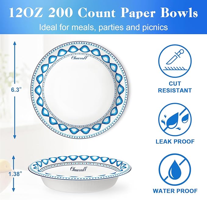 12 oz 200 Pack Paper Bowls Bulk, Soak Proof Heavy Duty Paper Bowls, Cut Proof Small Soup Bowl, Disposable Bowl for Party, Birthday and Picnic