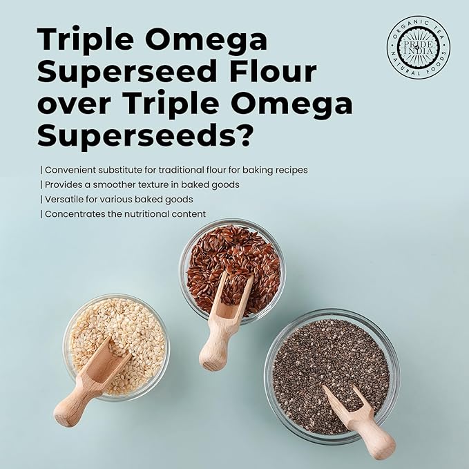 Pride of India- Triple Omega Superseed Flour 1 lbs (454 gm) Nutty Earthy Taste Milled in Small Batches | Chia Flax Sesame Seed mix | Ideal for Muffins Smoothies Oatmeal Pudding | Vegan, Gluten-Free