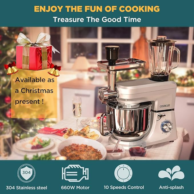 COOKLEE 6-IN-1 Stand Mixer, 8.5 Qt. Multifunctional Electric Kitchen Mixer with Beater, Whisk, Dough Hook, Meat Grinder and Other Accessories for Most Home Cooks, SM-1507BM, Silvery