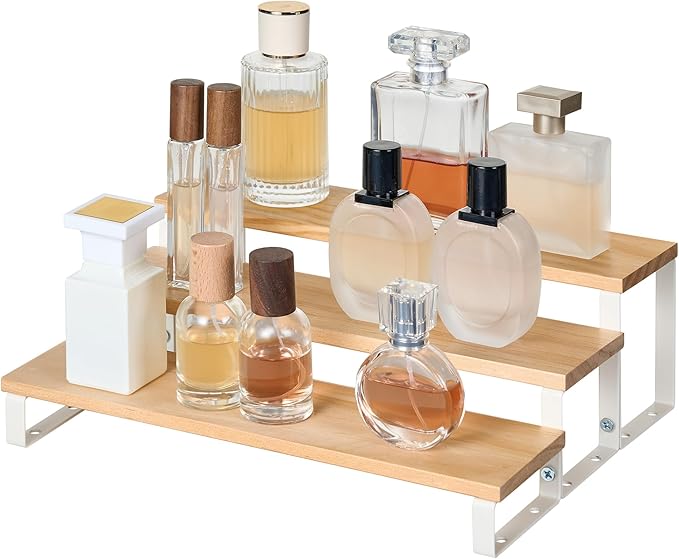 Spice Rack,Wooden Display Riser Stand, 3-Tier Perfume Stand and Cologne Organizer Stand, DIY Spice Rack Organizer, Display Shelf Metal Frame