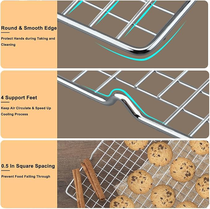 15.8”×9.8” Cooling Rack, 3P Stainless Steel Baking Rack, Oven Safe Cooling Racks for Cooking and Baking, Silver Roasting Rack & Wire Rack & Cookie Cooling Rack for Roasting, Grilling, Drying