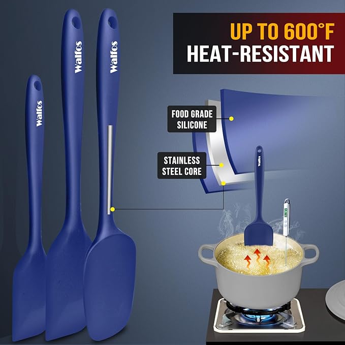 Walfos Silicone Spatula Set (5pcs) - 600℉ High Heat Resistant Kitchen Spoon Navy Blue Spatulas for Cooking Mixing & Baking, Strong Steel Core and One-Pieces Seamless Design, BPA Free Dishwasher Safe