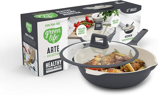 GreenLife Nonstick 12” (5QT) All in One Deep Skillet Wok with Lid, PFAS-Free Non-Toxic Ceramic Multi-Purpose Pan, Induction, All Stovetop, Egg, Stir Fry, Saute, Stay Cool Handle, Graphite