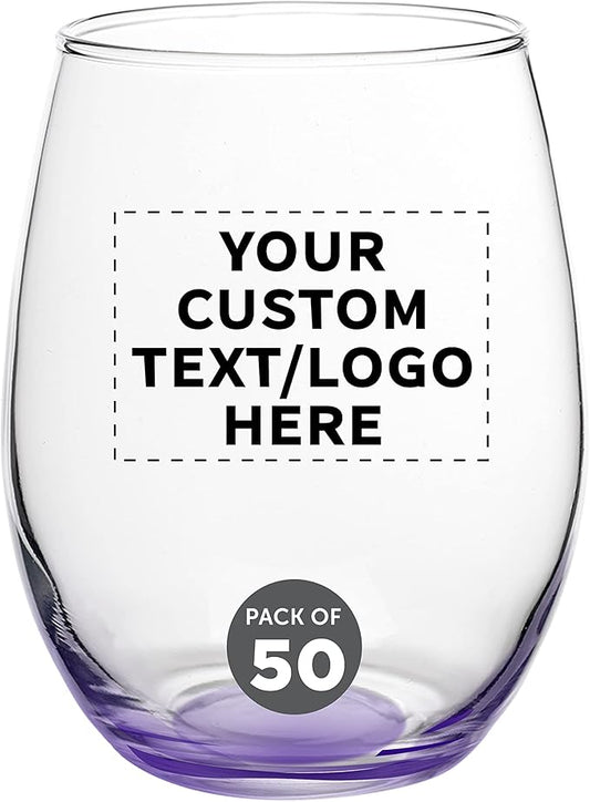 Custom Stemless Wine Glasses in Bulk by ARC Perfection, 15 oz, 50 pack, Personalized Text, Logo, Purple or White Wine Glass Set, Purple