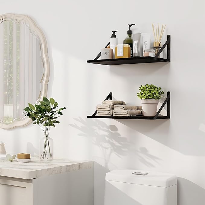 Heimlove Black Deep Floating Shelves for Wall, 16W x 8D Wood Wall Shelves Set of 2, Wide Floating Bookshelf for Living Room, Kitchen, Office, Bedroom and Decor Storage, with Metal Bracket - Black