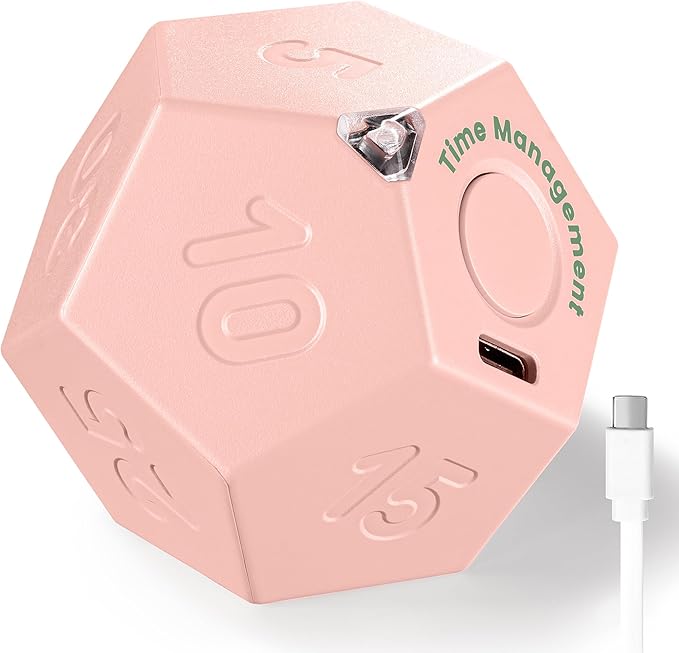 KADAMS Pomodoro Cube Timer Productivity-11 Preset Countdowns, Flip-to-Start Gravity Activation - Sound Vibrate Mute Rechargeable - Ideal for ADHD Kid Kitchen Classroom Cook Study Exercise - Pink