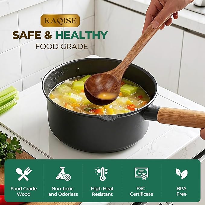 Wooden Spoons for Cooking, 2PCS Natural Teak Wooden Utensils, NonStick Kitchen Utensils Set for Stirring,Serving Spaghetti, Soup, Sauce (Ladle & Pasta Fork)