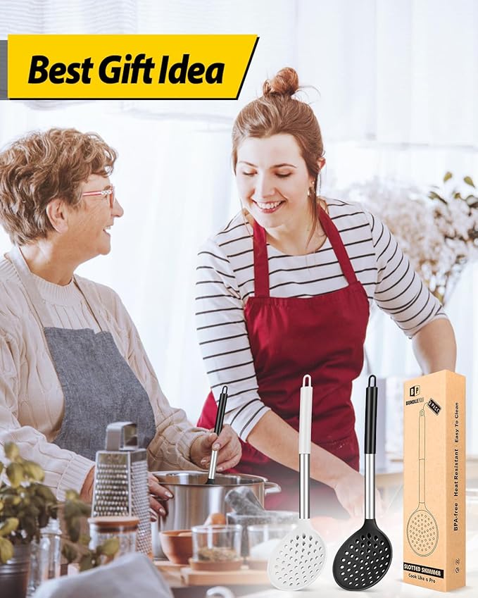 Kitchen Ladle Strainer Set of 2 Large Slotted Spoon with High Heat Resistant BPA Free Non Stick Cooking Skimmers For Draining and Frying (Black-White)