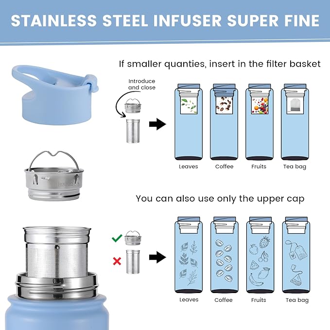 Lexlion Tea Infuser Water Bottle 22 Oz, Triple Walled Insulated Stainless Steel Bottle, Thermal Fruit Leaf Infuser, Silicone Sleeve, 3 Lids Leakproof, Metal Mug Gallon