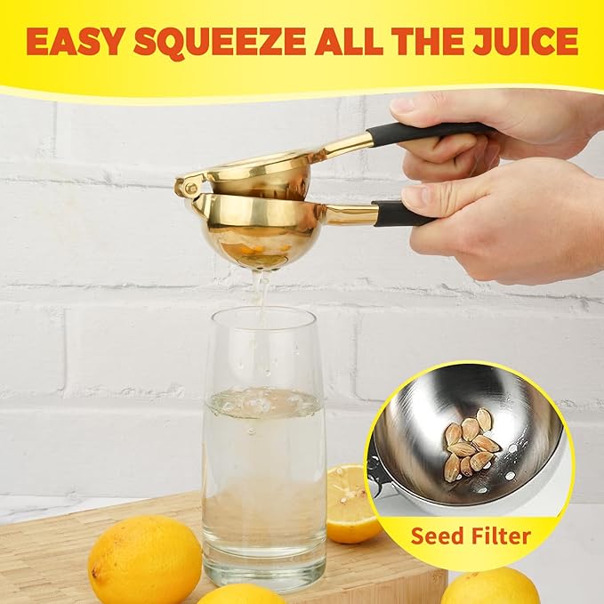SHIKORI Gold & Black Heavy Duty Lemon Squeezer, 304 Stainless Steel Manual Citrus Press Juicer, 15% More Juice, Easy to Clean