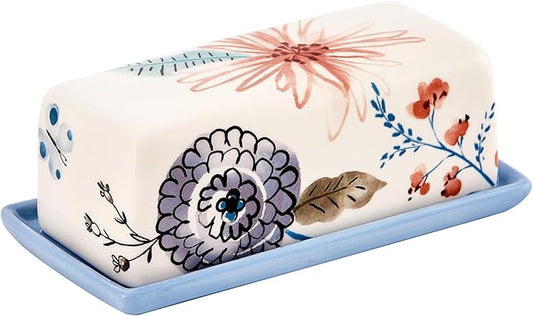 Bico Blossom Symphony Ceramic Butter Dish with Lid, Wide Butter Keeper for Counter, Kitchen Countertop, Microwave and Dishwasher Safe