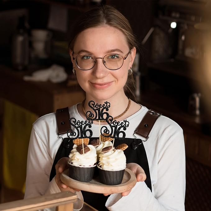 Gyufise 24 Pack 16th Birthday Cupcake Toppers Glitter Sixteen Happy Sweet 16 Cupcake Picks Cheers to 16 Years Old Cupcake Decorations for 16th Birthday Anniversary Party Cake Decorations Black