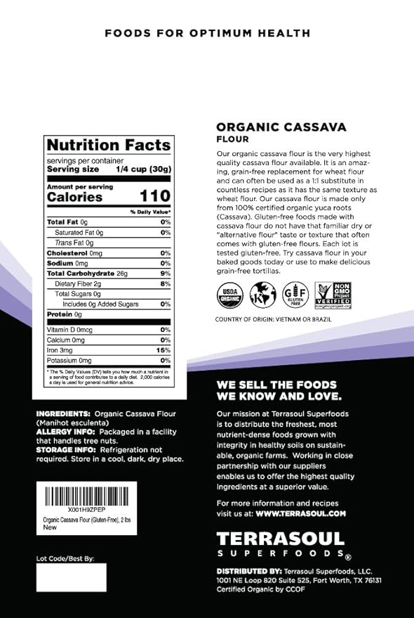 Terrasoul Superfoods Organic Cassava Flour, 2 Lbs - Tested Gluten-Free | Smooth Texture | Wheat Flour Substitute