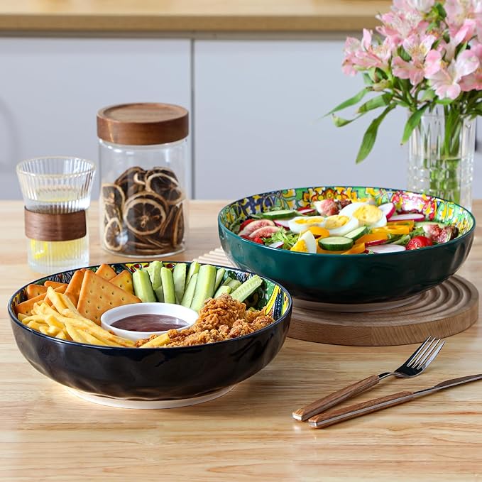 vancasso Large Serving Bowls, 78 Oz Extra Large Salad Bowls Set of 2, Bohemian Decorative Bowls for Salad, Fruit, Pasta and Dinner, Serving Dishes Set for Party, Dishwasher & Microwave Safe－Green