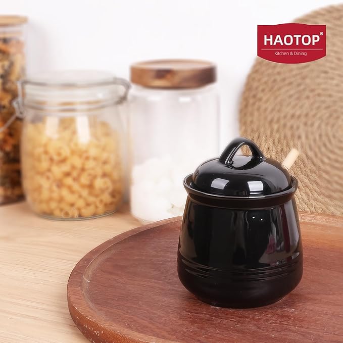 HAOTOP Ceramic Honey pot with Lid and Honey Dipper,Porcelain Honey Jar Easy to Clean and Dishwasher Safe,12oz (Black)