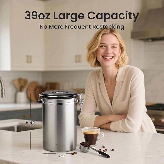 Veken Coffee Canister, 39OZ Large, Airtight Stainless Steel Food Storage Container for 2.2lbs Coffee Beans, Ground, Sugar, Tea, Flour, Rice, Cereal, Cookies Jars, Bar Accessories & Gifts, Silver