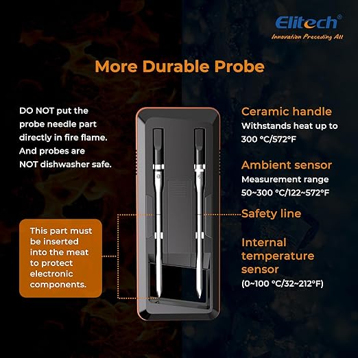 Elitech Digital BBQ Thermometer, Bluetooth Wireless Meat Thermometer for Grilling and Smoking, 2 Probes for Grill, Oven, Smoker, Rotisserie, WMT-20