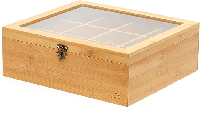 RoyalHouse Big Natural Bamboo Tea Storage Organizer with Clear Acrylic Top Window, 12 Compartments Eco-Friendly Tea Bag Holder, Multi-Functional Storage Box