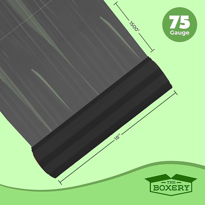 The Boxery- 18''X1500' Per Roll Stretch Wrap (Black)-4 Rolls/6000 Feet Total (75 Gauge) Heavy Duty, Stretch Wrap Film Black Cling Plastic for Shipping, Moving and Packaging
