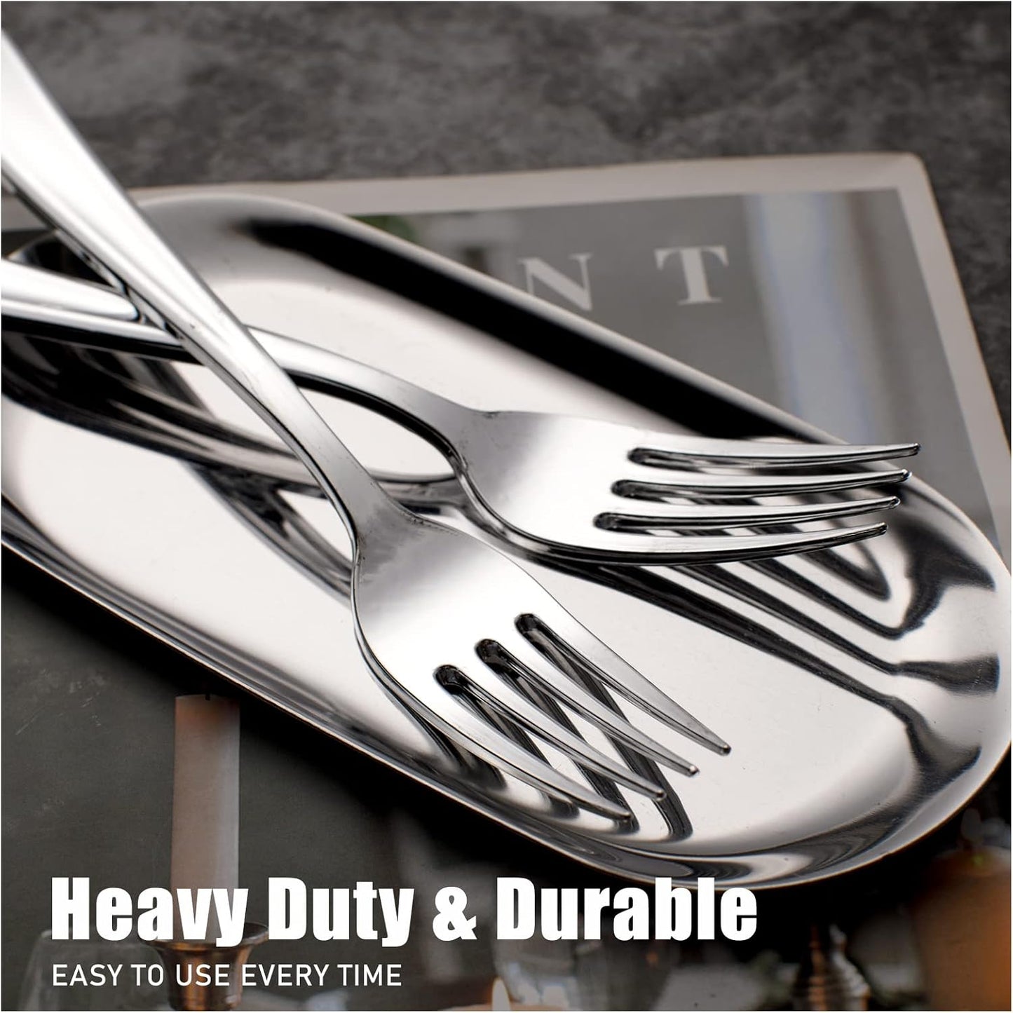 WDF 100 Piece Silver Plastic Forks - 7.4inch Silver Forks Disposable - Plastic Silverware for Dessert Cake - Heavy Duty Plastic Cutlery for Party or Daily Using