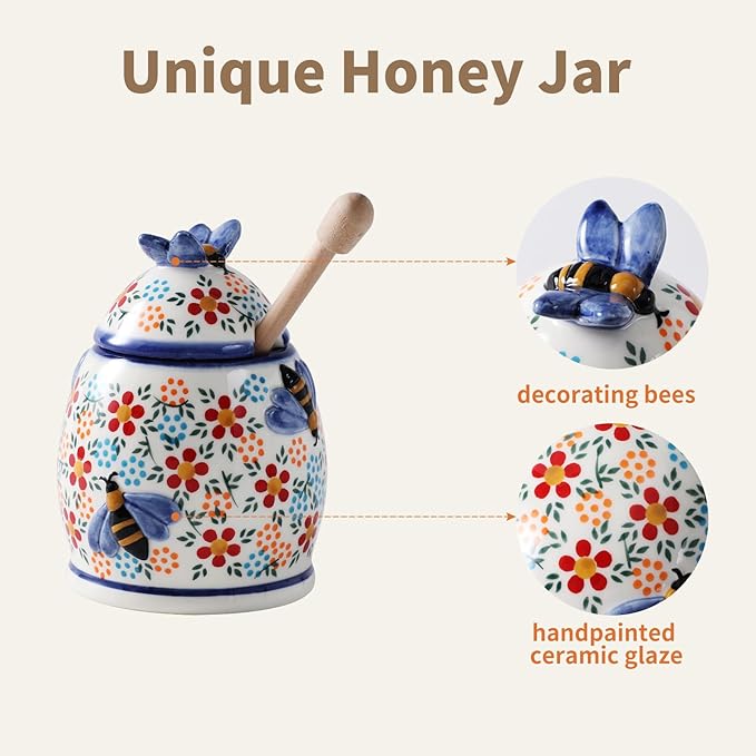 ZOOBEE 10oz Honey Jar with Dipper and Lid Farmhouse Style,Ceramic Honey Dispenser No Drip,Handpainted Honey Pot with Bees,Easily Wash-Spring Delight