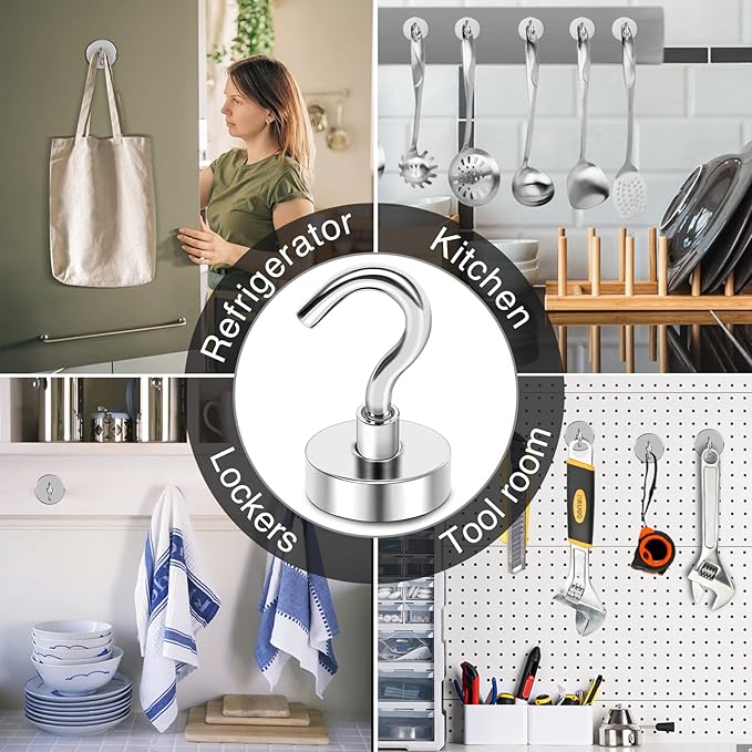 MIKEDE Magnetic Hooks Heavy Duty, 40 Lbs Magnet with Hooks for Cruise Cabins, Strong Magnets Neodymium for Hanging, Magnetic Wall Hooks for Refrigerator, Locker Decoration, Workplace -10Pack