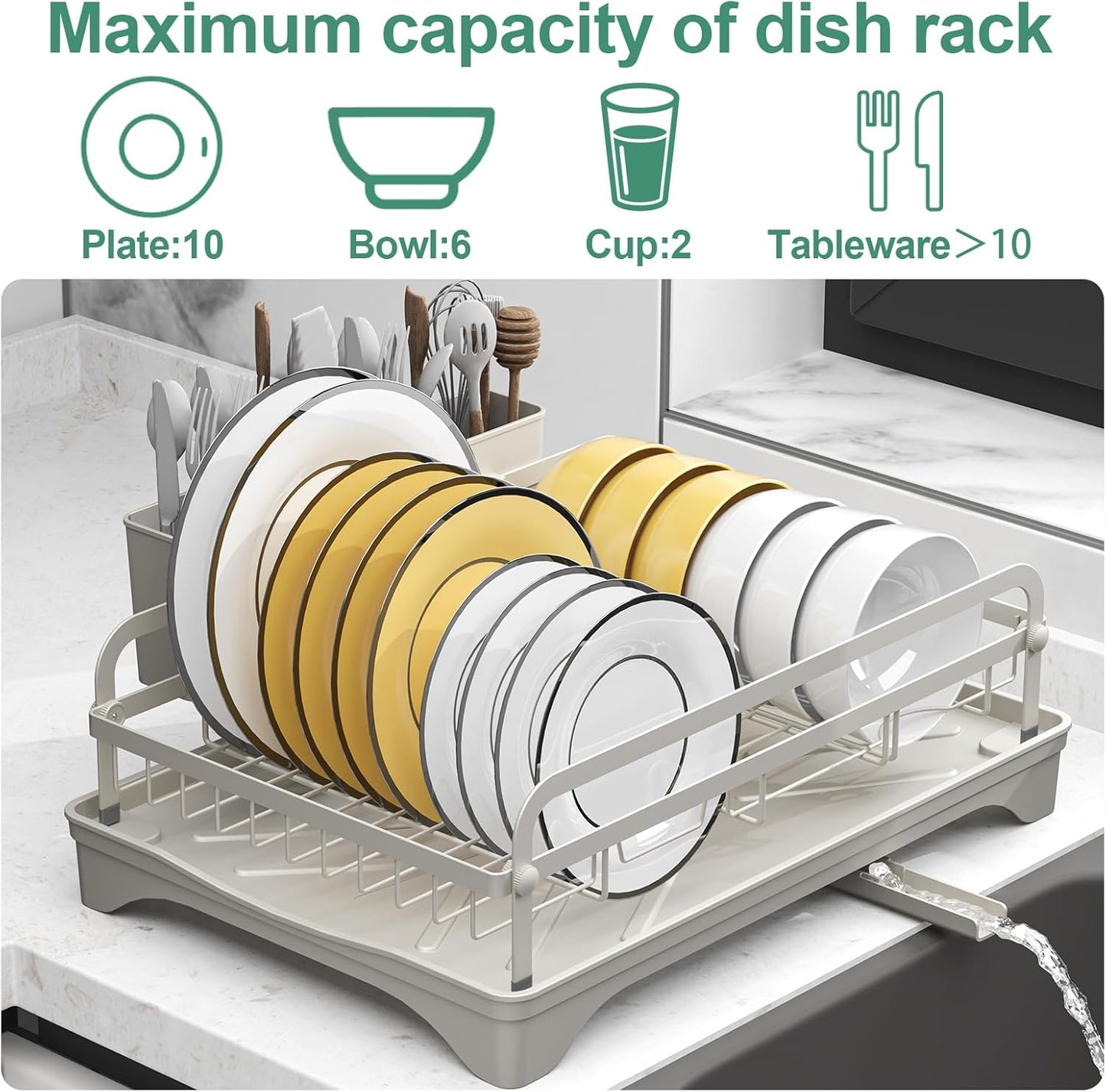 Dish Drying Rack,Dish Racks for Kitchen Counter,Metal Dish Drainer with Adjustable Drainage Spout,Removable Knife and Fork Holder (Grey)